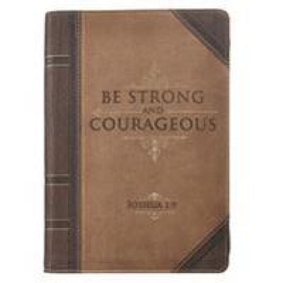 Classic Faux Leather Journal Strong and Courageous Joshua 1:9 Bible Verse Antiqued Brown Inspirational Notebook, Lined Pages W/Scripture, Ribbon Marke