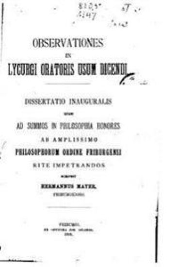 Observationes in Lycurgi Oratoris Usum Dicendi