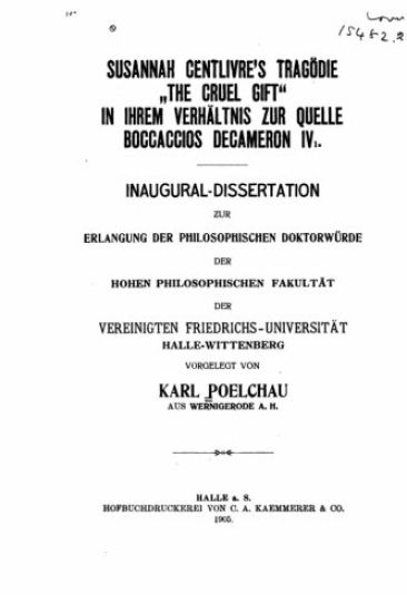 Susannah centlivre's Tragödie The Cruel Gift in ihrem Verhältnis zur Quelle Boccaccios Decameron IV