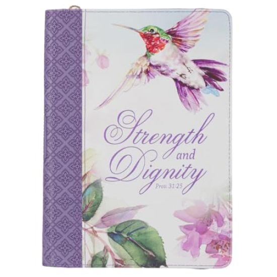 Christian Art Gifts Vegan Leather Zipped Journal, Inspirational Women's Notebook Strength and Dignity Scripture, Flexible Cover, 336 Ruled Pages, Ribb