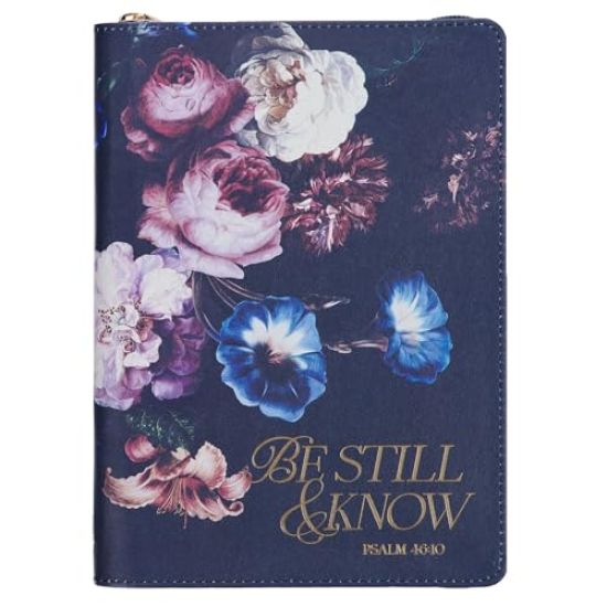 Christian Art Gifts Navy Blue Vegan Leather Zipped Journal, Inspirational Women's Notebook Be Still Scripture, Flexible Cover, 336 Ruled Pages, Ribbon