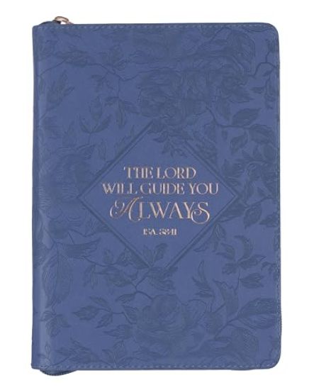 Christian Art Gifts Blue Vegan Leather Zipped Journal, Inspirational Women's Notebook the Lord Will Guide Scripture, Flexible Cover, 336 Ruled Pages,