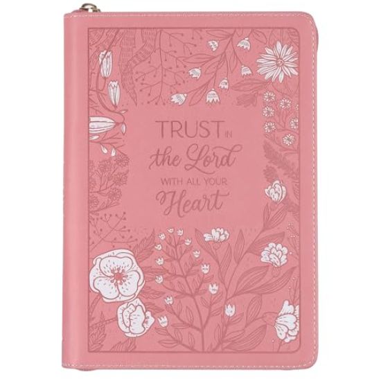 Christian Art Gifts Pink Vegan Leather Zipped Journal, Inspirational Women's Notebook Trust in the Lord Scripture, Flexible Cover, 336 Ruled Pages, Ri
