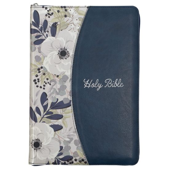 KJV Holy Bible, Thinline Large Print Faux Leather Red Letter Edition Thumb Index Ribbon Marker, King James Version, Blue Printed Floral, Zipper Closur