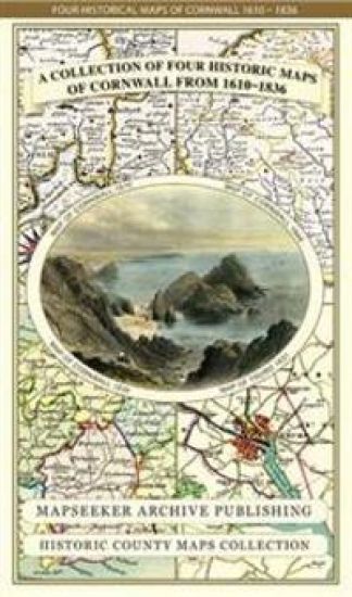 Cornwall 1611 – 1836 – Fold Up Map that features a collection of Four Historic Maps, John Speed’s County Map 1611, Johan Blaeu’s County Map of 1648, Thomas Moules County Map of 1836 and Robert Dawson’s Reform Act Plan of Truro 1831. The maps are surrounded by Cornwall’s Historic Buildings.