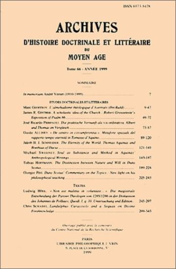 Archives d'Histoire Litteraire Et Doctrinale Du Moyen-Age LXVI - 1999