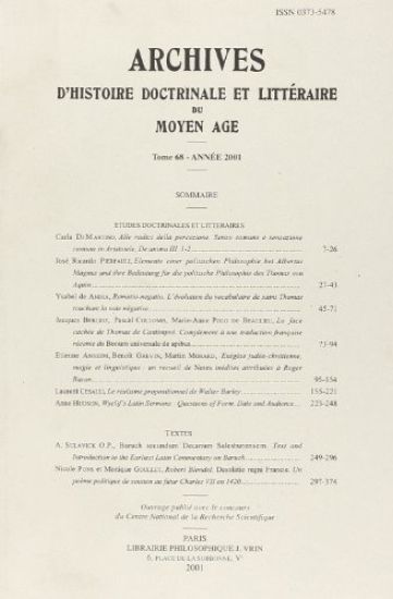 Archives d'Histoire Litteraire Et Doctrinale Du Moyen-Age LXVIII - 2001