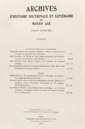 Archives d'Histoire Litteraire Et Doctrinale Du Moyen-Age LXIX - 2002