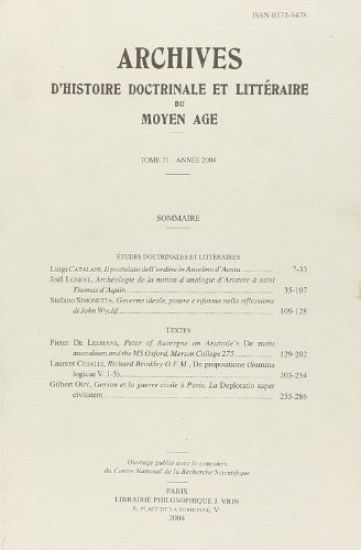Archives d'Histoire Litteraire Et Doctrinale Du Moyen-Age LXXI - 2004