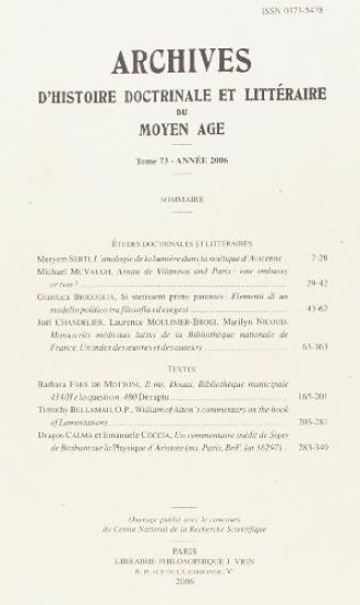 Archives d'Histoire Litteraire Et Doctrinale Du Moyen-Age LXXIII - 2006