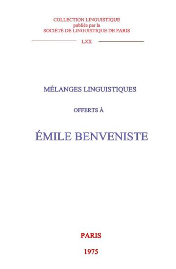 Melanges Linguistiques Offerts a Emile Benveniste