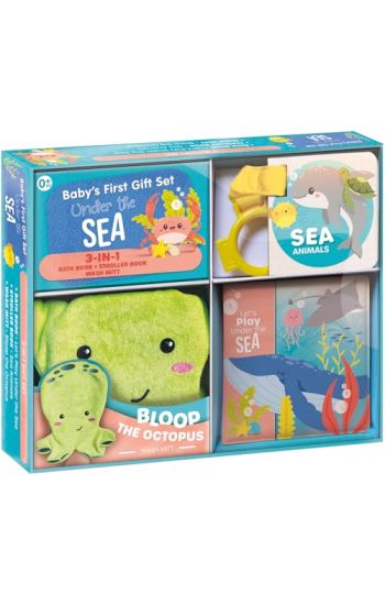 Baby's First Gift Set Under the Sea: Soft Baby Wash Mitt for Toddlers 1-3, Stroller Book, Waterproof Bath Books - Best Newborn Baby Gifts