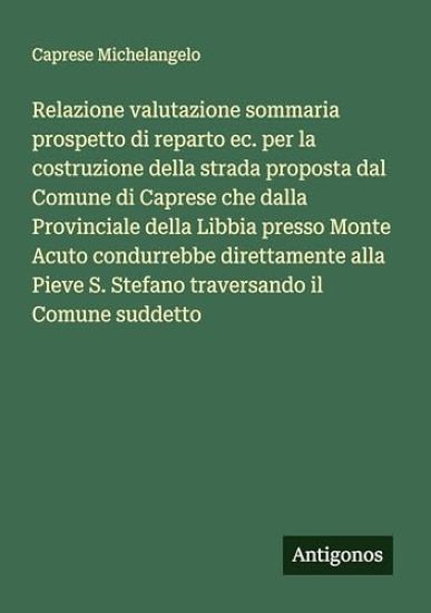 Relazione valutazione sommaria prospetto di reparto ec. per la costruzione della strada proposta dal Comune di Caprese che dalla Provinciale della Libbia presso Monte Acuto condurrebbe direttamente alla Pieve S. Stefano traversando il Comune suddetto