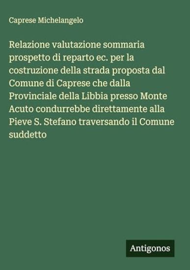 Relazione valutazione sommaria prospetto di reparto ec. per la costruzione della strada proposta dal Comune di Caprese che dalla Provinciale della Libbia presso Monte Acuto condurrebbe direttamente alla Pieve S. Stefano traversando il Comune suddetto
