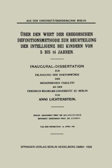 Über den Wert der Gregorschen Definitionsmethode zur Beurteilung der Intelligenz bei Kindern von 5 Bis 14 Jahren