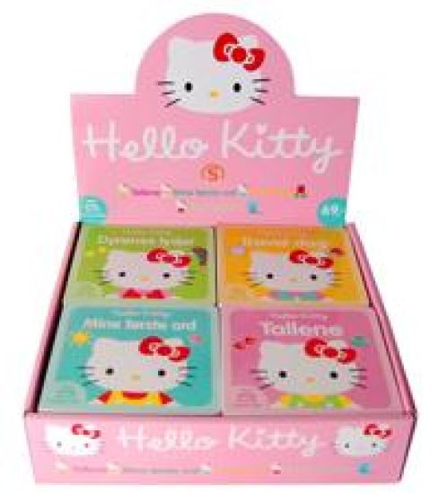 Hello Kitty. Assortert borddisplay. 28 bøker. Tallene (7eks.). Travel dag (7.eks.) Dyrenes lyder (7  eks.) Mine første ord (7 eks.)
